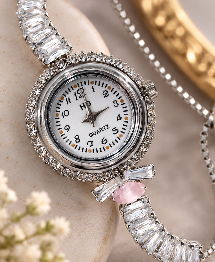 Crystal Charm Bracelet Watch – Elegant Silver-Tone Quartz Hand Watch