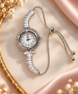 Crystal Charm Bracelet Watch – Elegant Silver-Tone Quartz Hand Watch