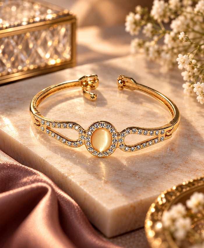 Elegant Gold-Tone Crystal Oval Cuff Bracelet – Sparkling Openwork Bracelet