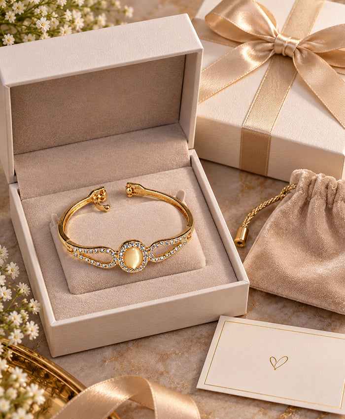 Elegant Gold-Tone Crystal Oval Cuff Bracelet – Sparkling Openwork Bracelet