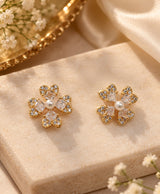 Elegant Gold-Tone Crystal & Pearl Flower Stud Earrings for Women