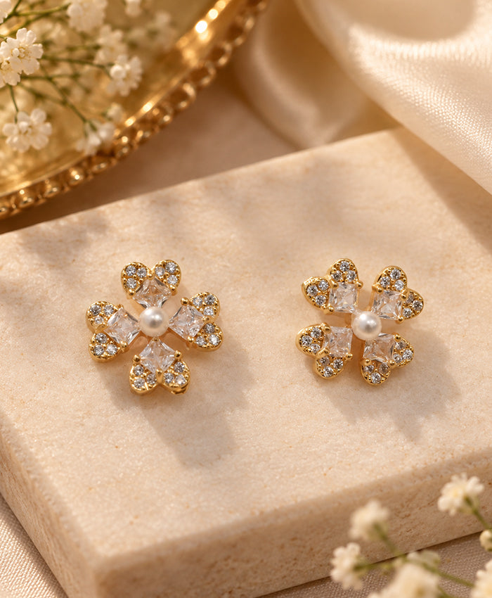 Elegant Gold-Tone Crystal & Pearl Flower Stud Earrings for Women