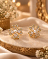 Elegant Gold-Tone Crystal & Pearl Flower Stud Earrings for Women