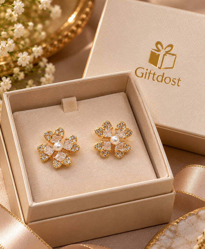 Elegant Gold-Tone Crystal & Pearl Flower Stud Earrings for Women