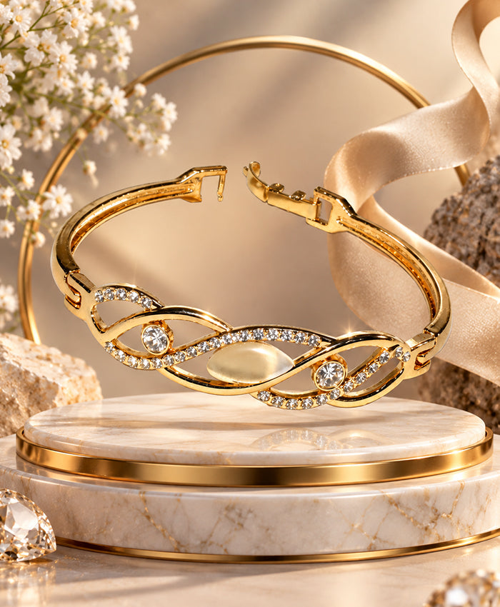 Elegant Gold-Tone Crystal Studded Open Bangle – Infinity-Inspired Statement Bracelet