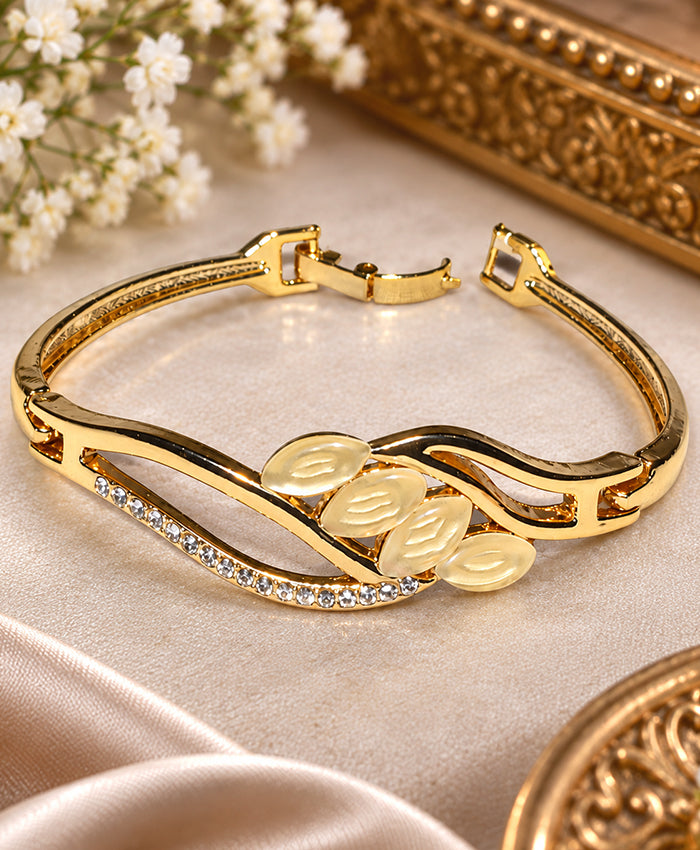 Elegant Gold-Tone Leaf Crystal Bracelet for Women – Statement Bangle
