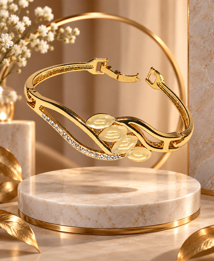 Elegant Gold-Tone Leaf Crystal Bracelet for Women – Statement Bangle