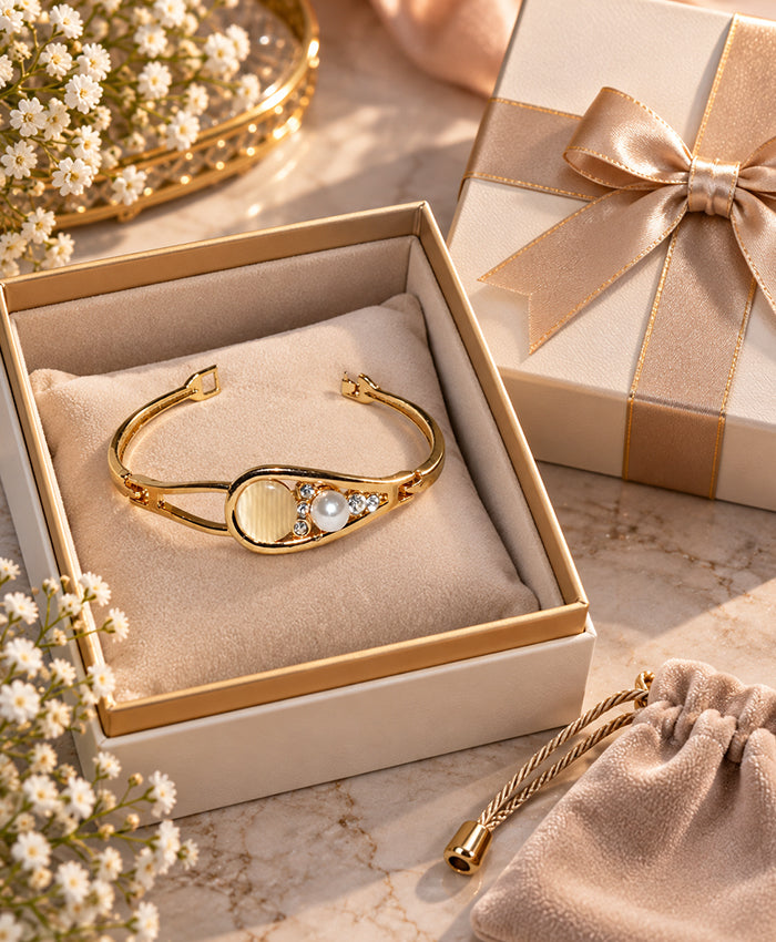 Elegant Gold-Tone Pearl & Crystal Cuff Bracelet for Women