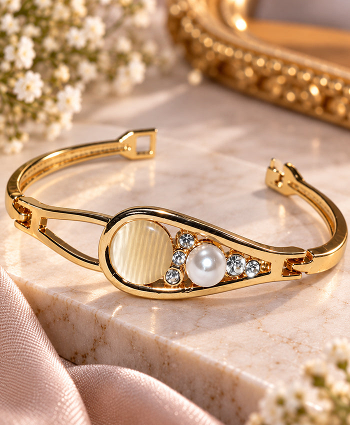 Elegant Gold-Tone Pearl & Crystal Cuff Bracelet for Women