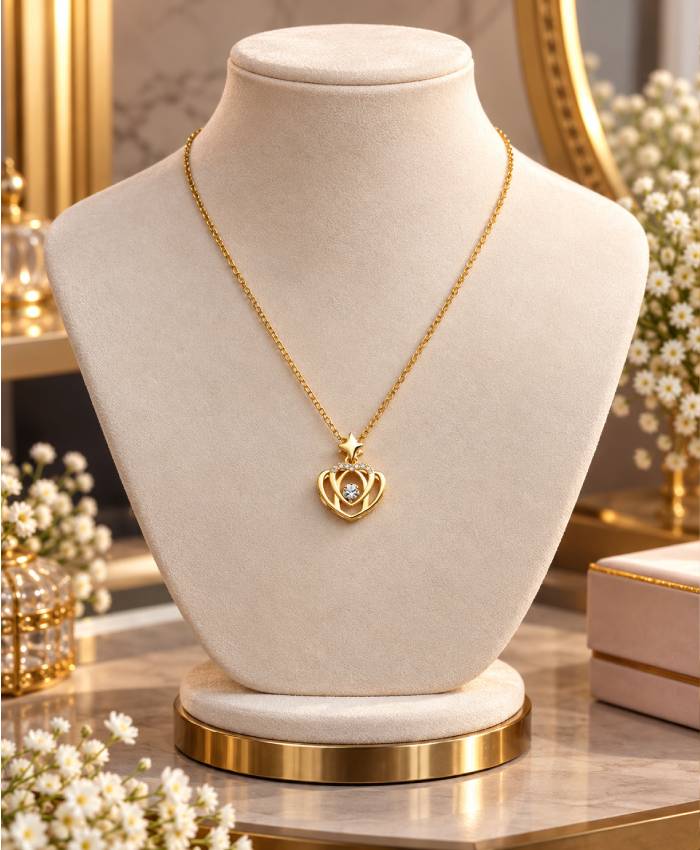 Elegant Golden Heart & Star Crystal Pendant Necklace