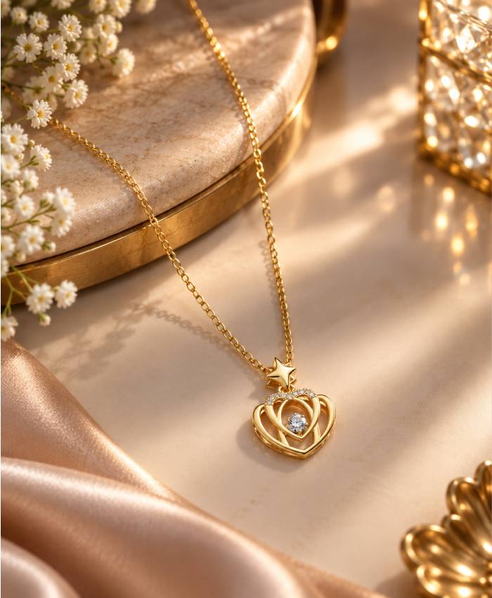 Elegant Golden Heart & Star Crystal Pendant Necklace