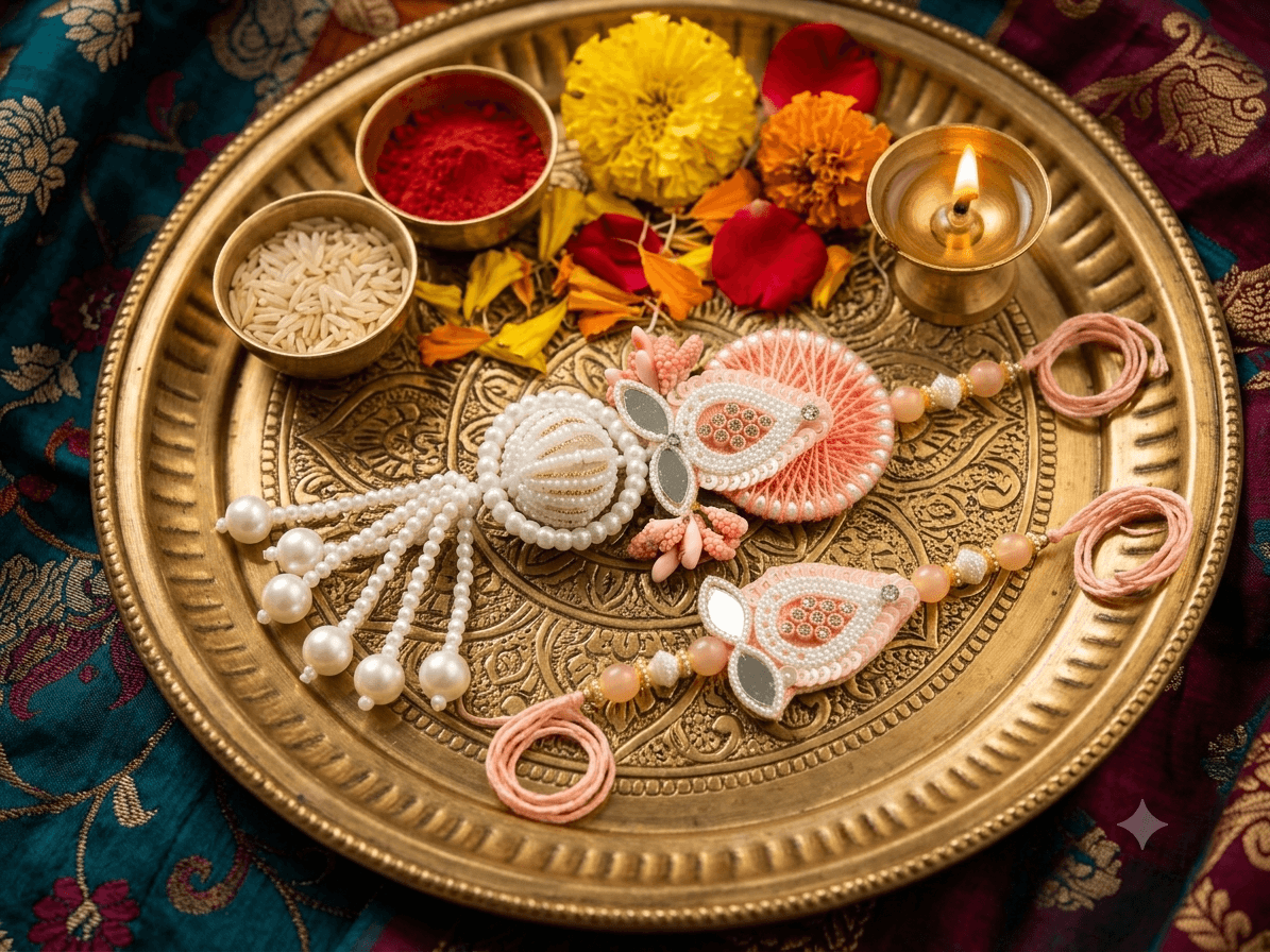 Elegant Peach Pearl Designer Rakhi Combo Set