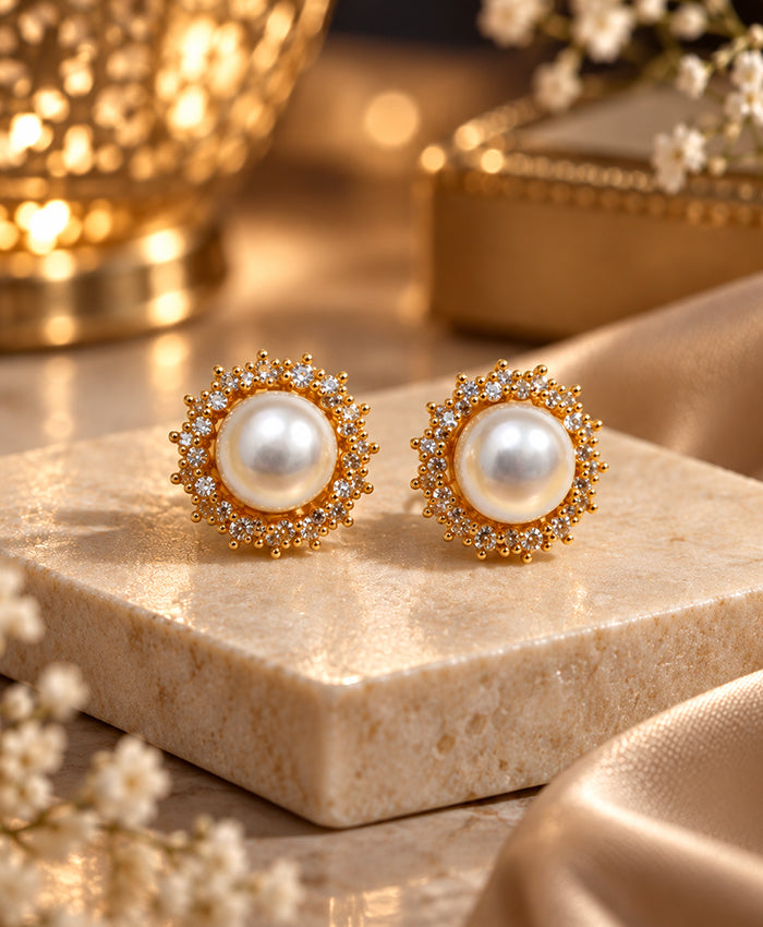 Elegant Pearl Halo Stud Earrings – Gold-Tone Sparkling Pearl Earrings for Women