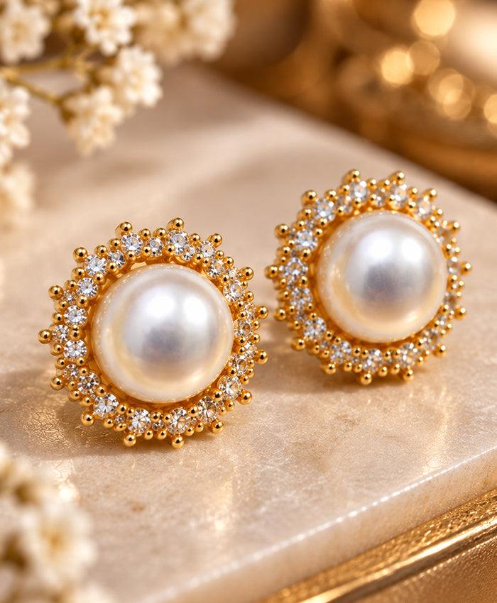 Elegant Pearl Halo Stud Earrings – Gold-Tone Sparkling Pearl Earrings for Women