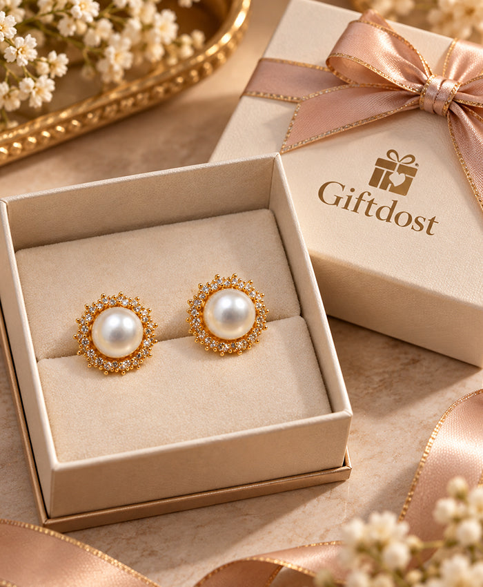 Elegant Pearl Halo Stud Earrings – Gold-Tone Sparkling Pearl Earrings for Women