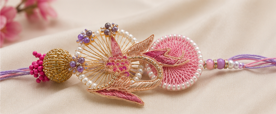 Elegant Pink Lotus Designer Rakhi Combo Set