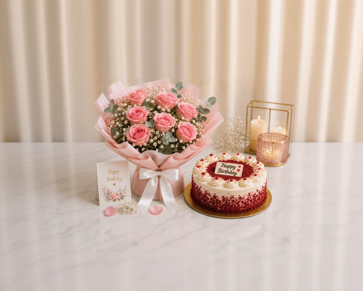 Elegant Pink Roses & Red Velvet Birthday Cake Combo