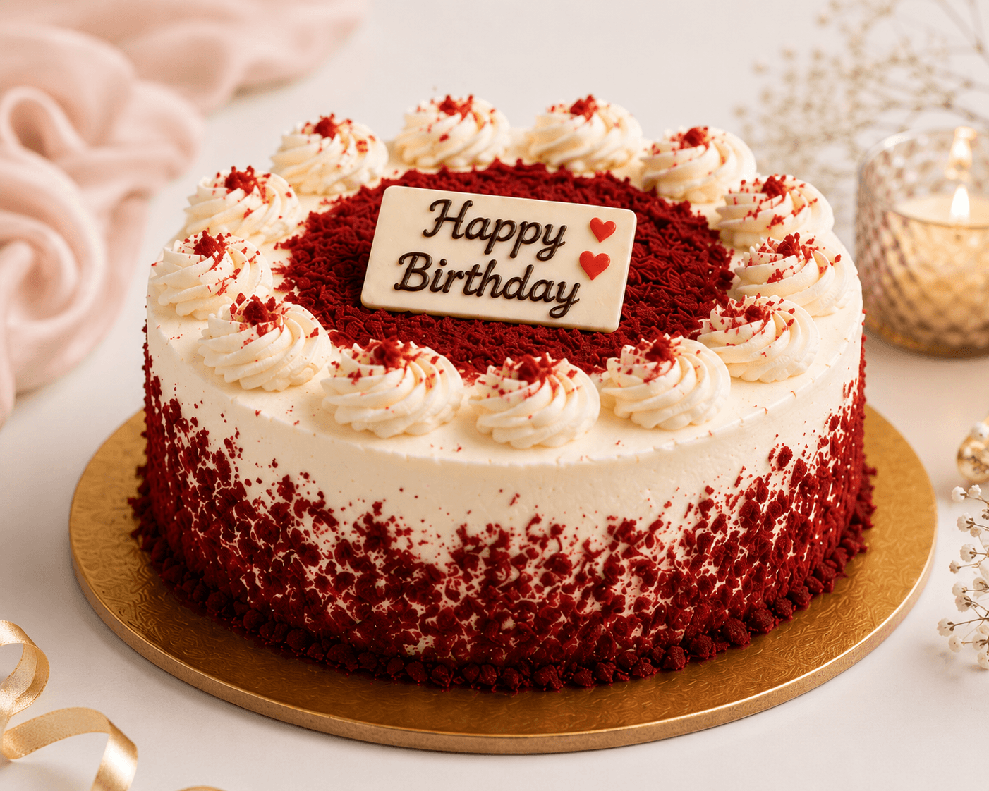 Elegant Pink Roses & Red Velvet Birthday Cake Combo