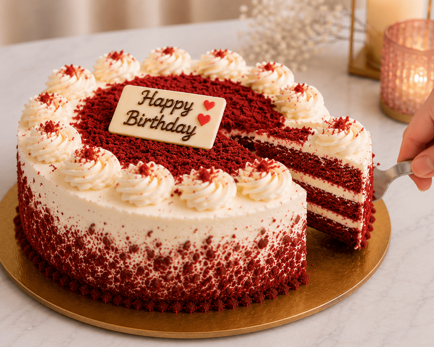 Elegant Pink Roses & Red Velvet Birthday Cake Combo