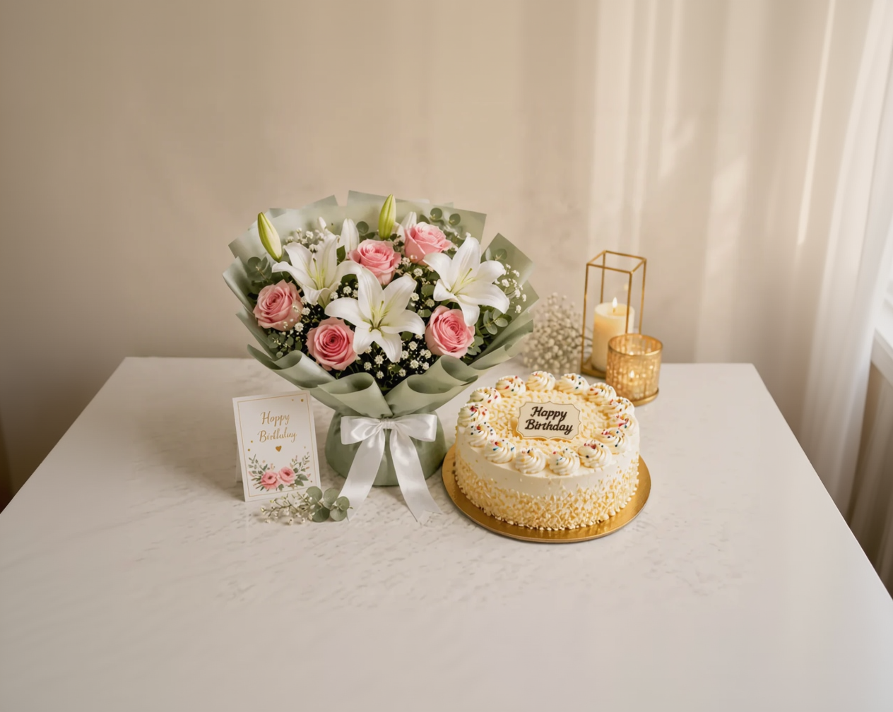 Elegant Pink Roses, White Lilies & Birthday Cake Combo