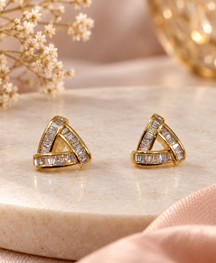 Elegant Triangular Baguette-Stone Gold-Tone Stud Earrings
