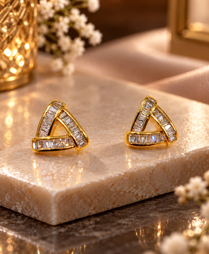 Elegant Triangular Baguette-Stone Gold-Tone Stud Earrings