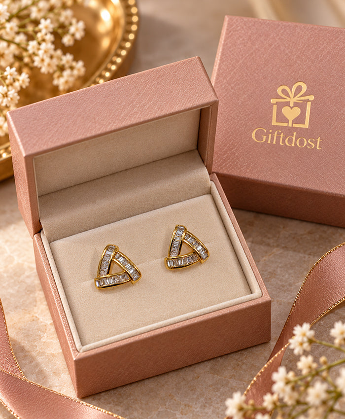 Elegant Triangular Baguette-Stone Gold-Tone Stud Earrings