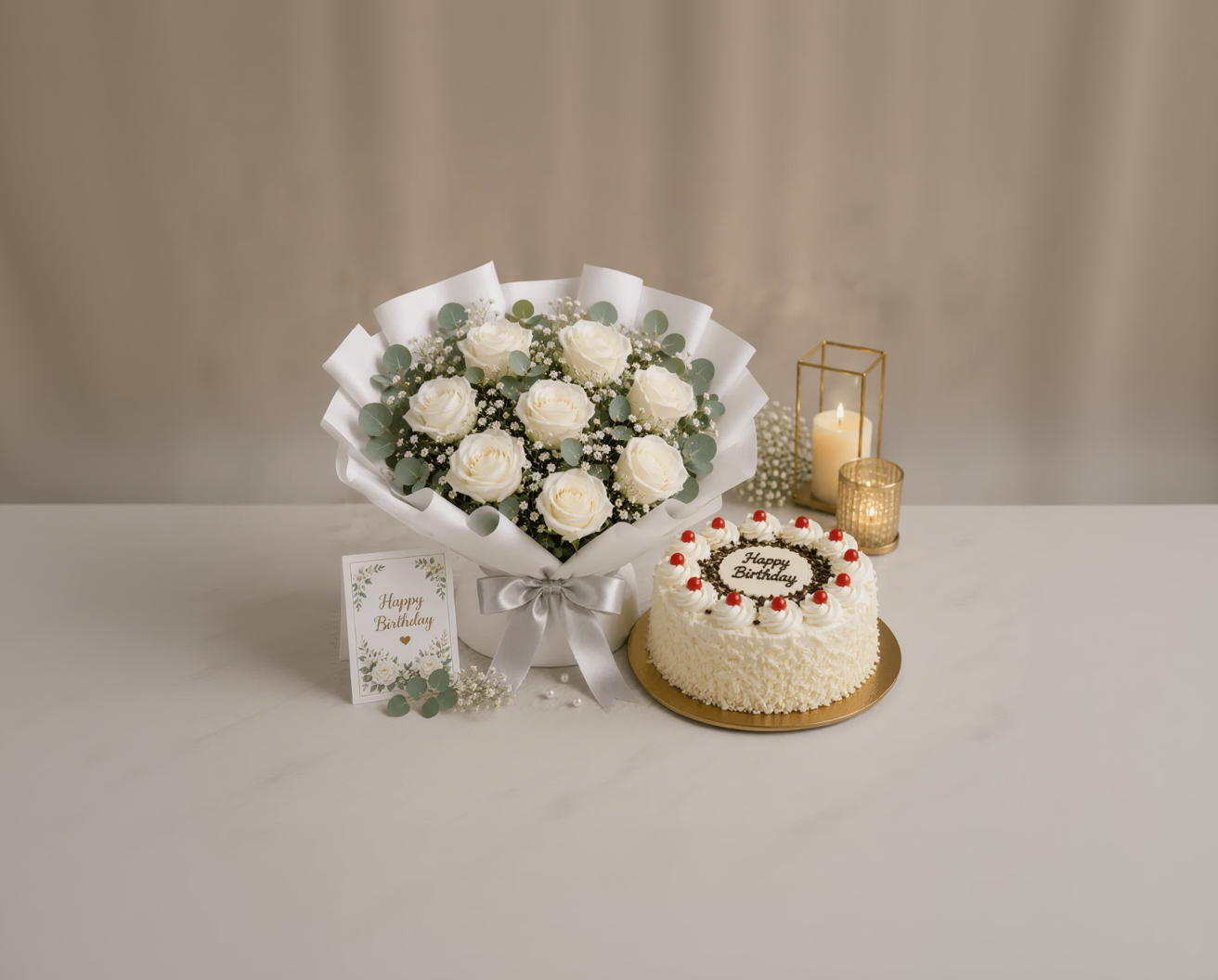 Elegant White Roses & Black Forest Birthday Combo