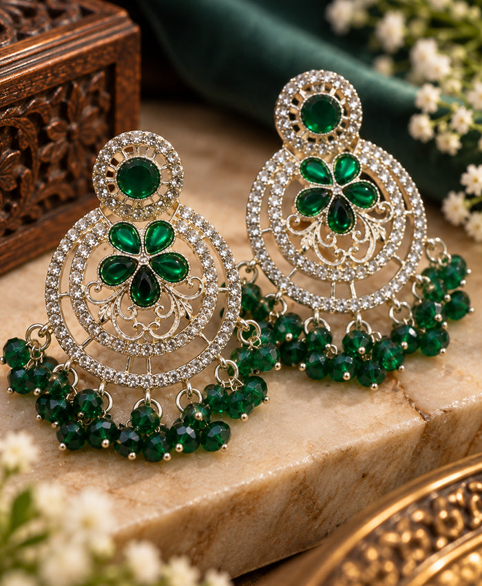 Emerald Floral Chandelier Earrings – Crystal Studded Green Bead Drop Earrings