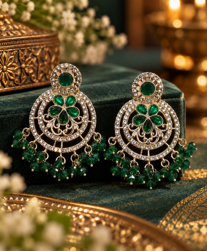 Emerald Floral Chandelier Earrings – Crystal Studded Green Bead Drop Earrings