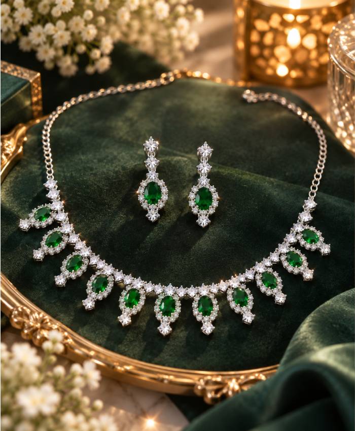 Emerald Green Crystal Drop Necklace & Earrings Set