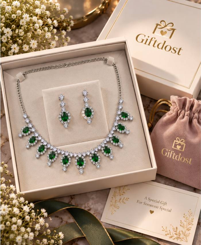 Emerald Green Crystal Drop Necklace & Earrings Set