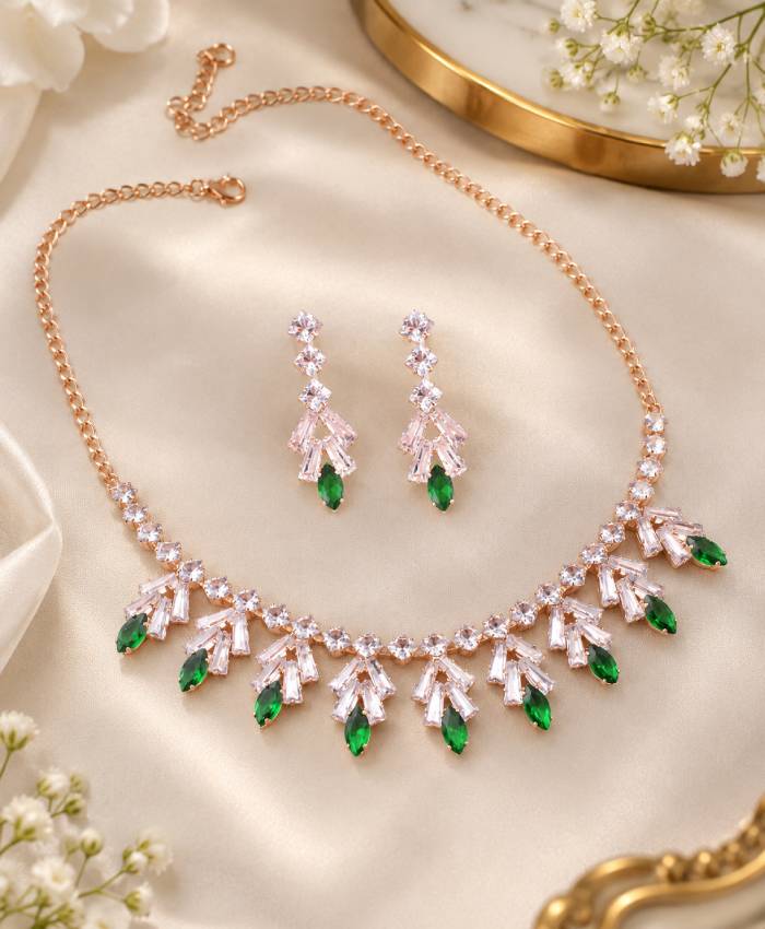 Emerald Green Crystal Rose-Gold Necklace & Earrings Set – Elegant Statement Jewellery