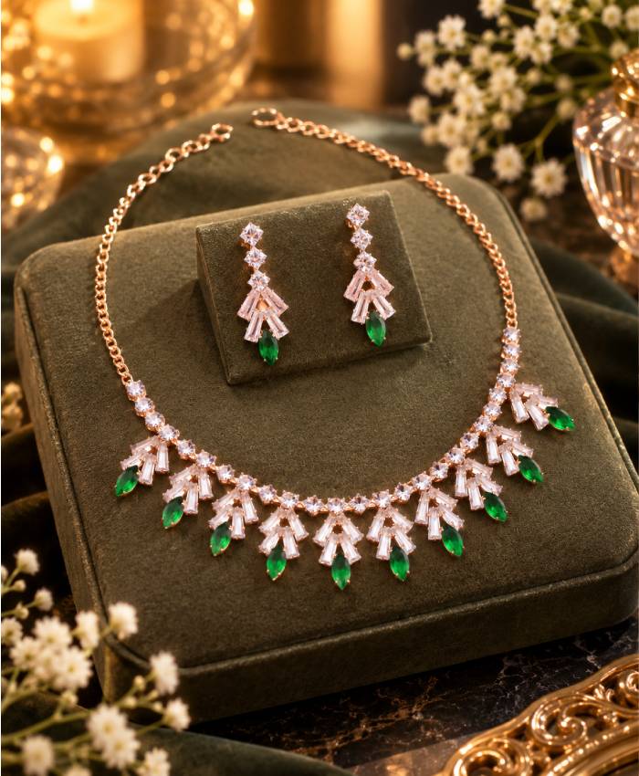 Emerald Green Crystal Rose-Gold Necklace & Earrings Set – Elegant Statement Jewellery