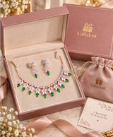 Emerald Green Crystal Rose-Gold Necklace & Earrings Set – Elegant Statement Jewellery