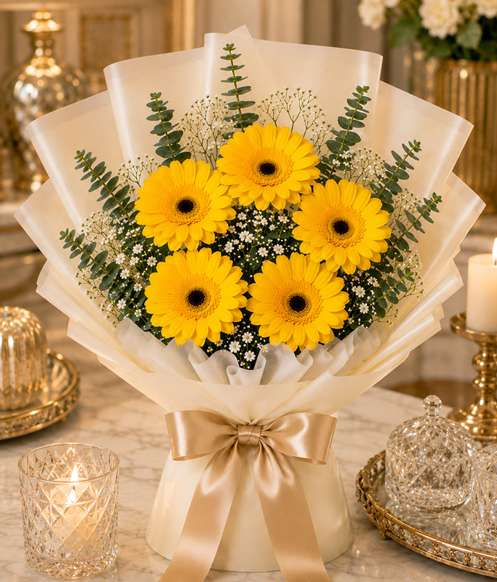 Sunny Yellow Gerbera Bouquet (5 Yellow Gerberas)