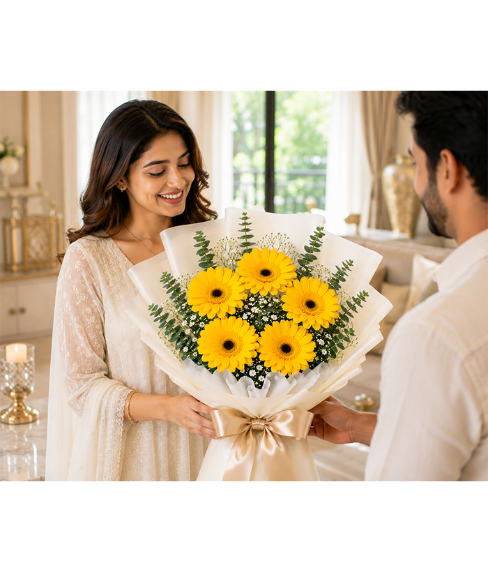 Sunny Yellow Gerbera Bouquet (5 Yellow Gerberas)