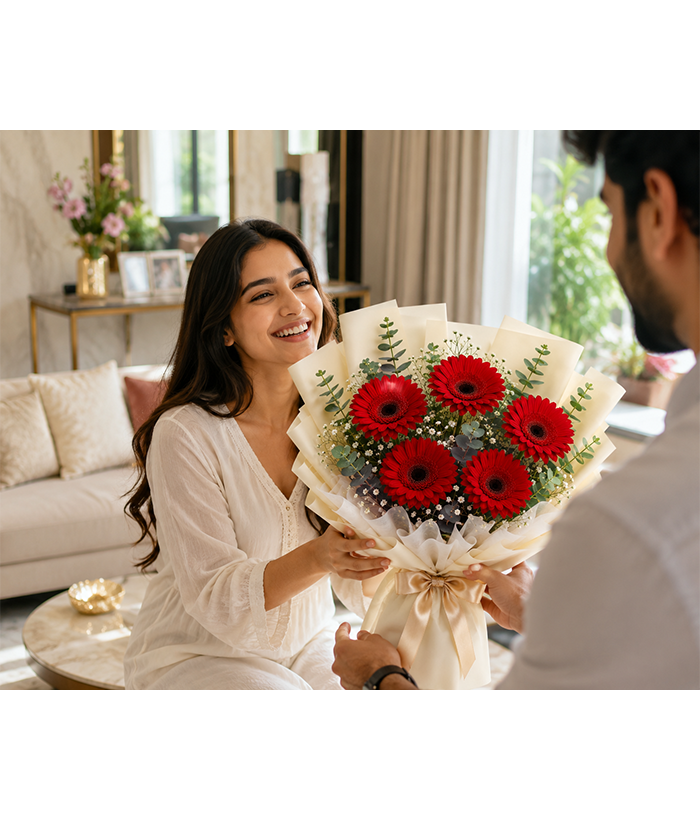 Crimson Red Gerbera Bouquet (5 Red Gerberas)