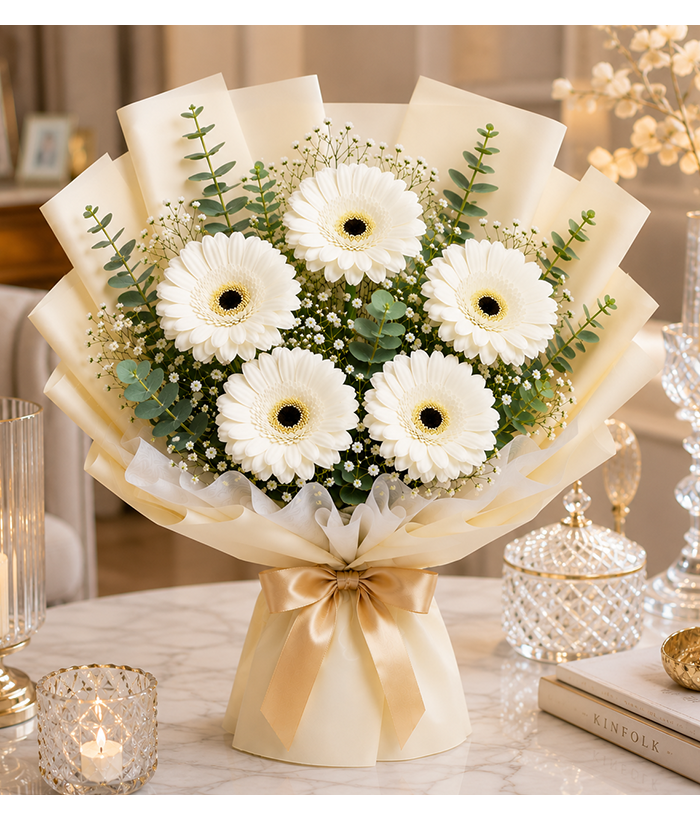 Pure White Gerbera Elegance (5 White Gerberas)