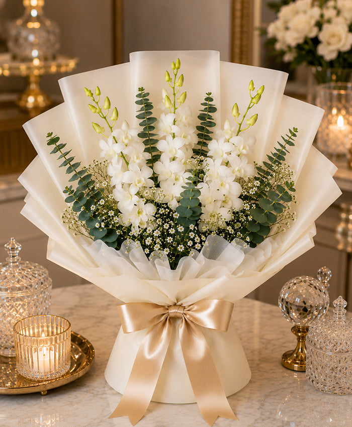 Snow White Orchid Elegance (5 White Dendrobium Orchids)