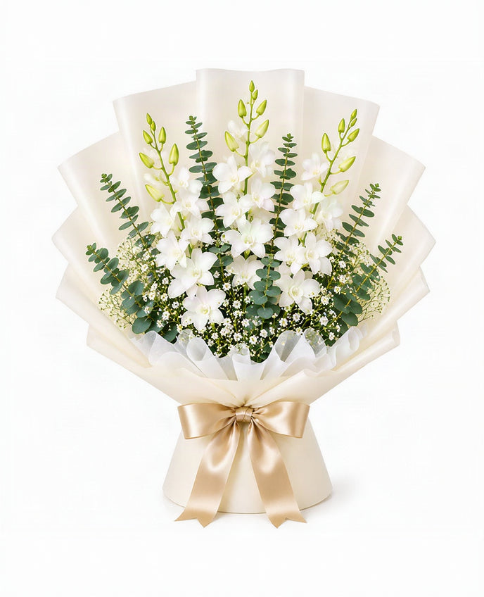 Snow White Orchid Elegance (5 White Dendrobium Orchids)