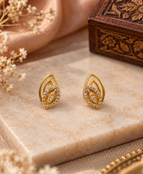 Gold Leaf Marquise Stud Earrings – Elegant Leaf-Shaped Stone-Studded Earrings for Women