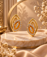 Gold Leaf Marquise Stud Earrings – Elegant Leaf-Shaped Stone-Studded Earrings for Women