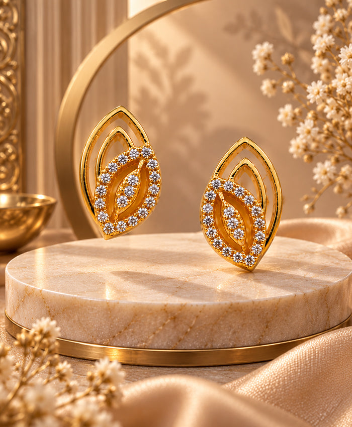 Gold Leaf Marquise Stud Earrings – Elegant Leaf-Shaped Stone-Studded Earrings for Women