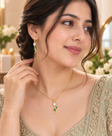 Elegant Gold-Tone Green Leaf & Crystal Necklace Set with Matching Drop Earrings