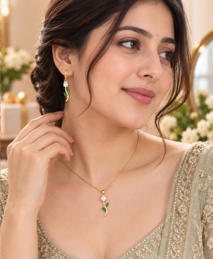 Elegant Gold-Tone Green Leaf & Crystal Necklace Set with Matching Drop Earrings