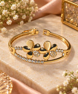 Golden Floral Crystal Cuff Bracelet – Elegant Gold-Tone Flower & Rhinestone Bangle