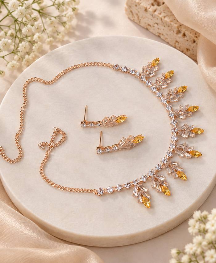Golden Glow Crystal Leaf Necklace Set with Matching Drop Earrings
