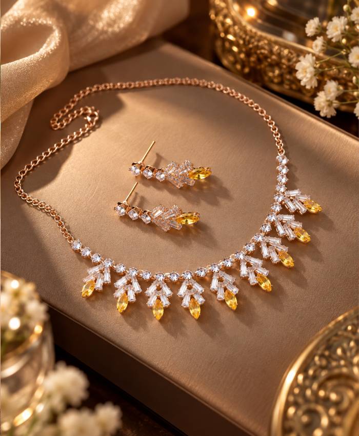 Golden Glow Crystal Leaf Necklace Set with Matching Drop Earrings