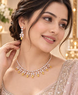 Golden Glow Crystal Leaf Necklace Set with Matching Drop Earrings